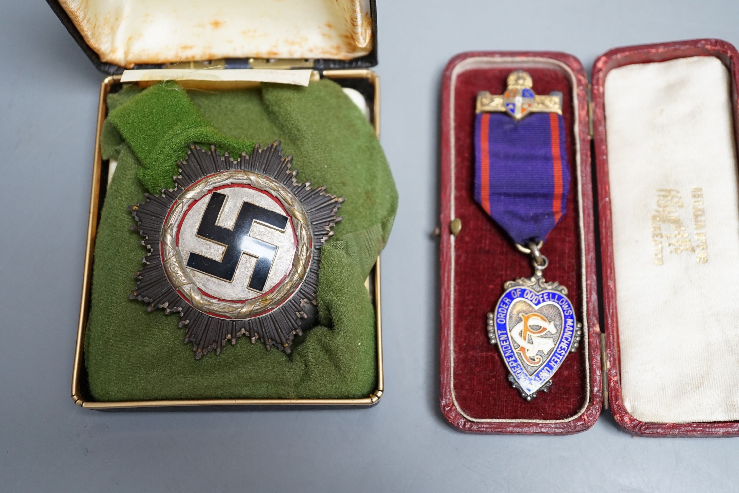 Two German badges & Oddfellows jewel